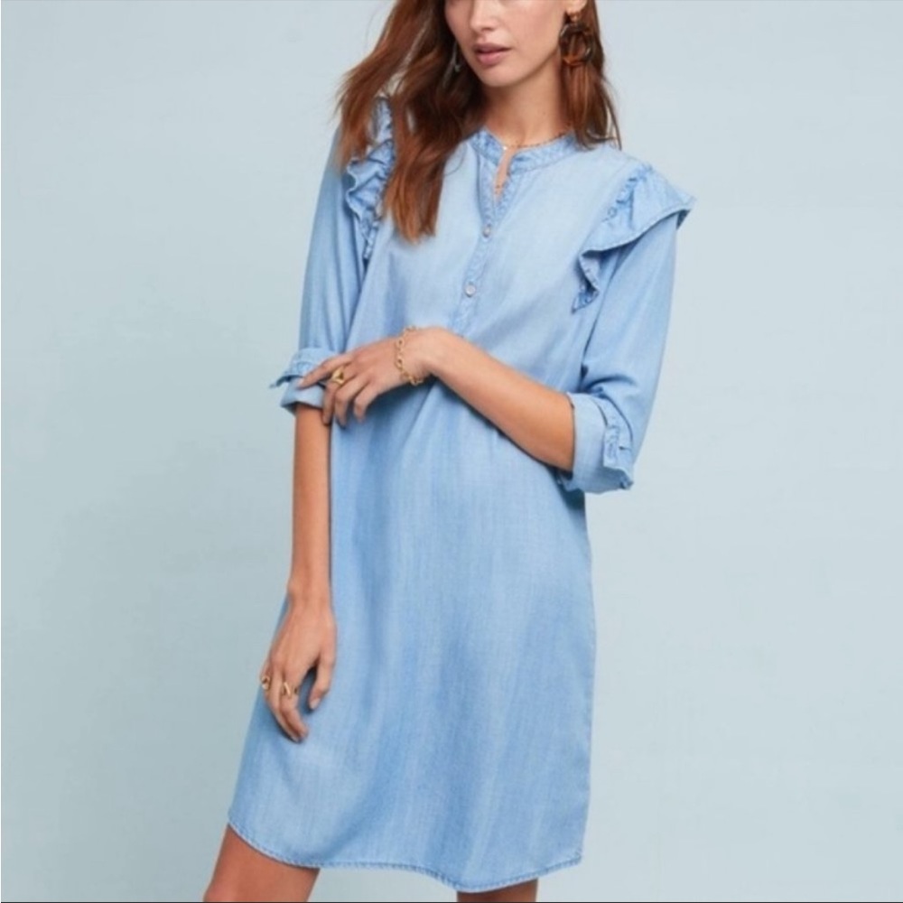 Anthropologie Cloth & Stone Dress Chambray Ruffle Long Sleeve Shirt Dres…